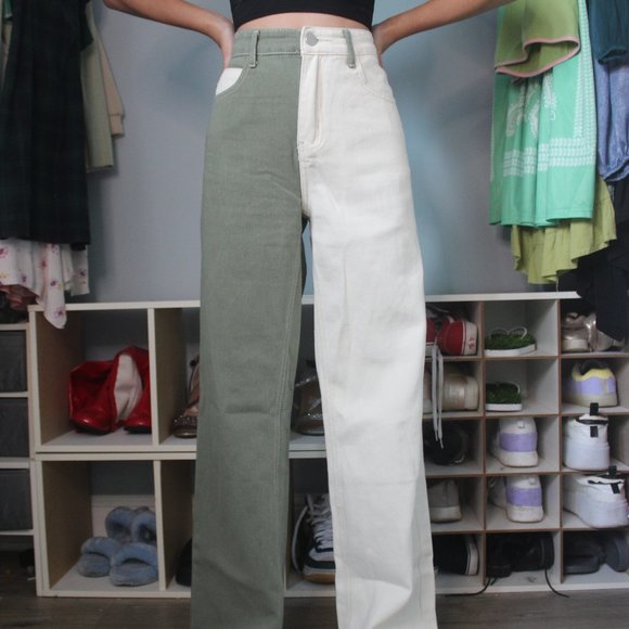sage green/ cream two toned denim pants - Picture 1 of 2
